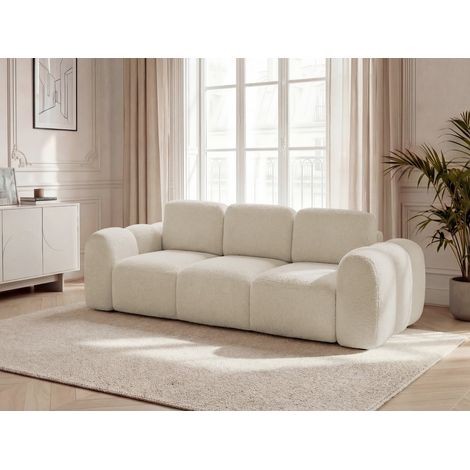 BOBOCHIC - Canapé droit convertible coffre 3 places MONTAIGNE tissu bouclette   Beige