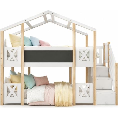 Lit mezzanine enfant 90 x 200 cm avec toit, escalier de rangement, tableau et sécurité renforcée, blanc et bois clair  CHICFURN (1/5)