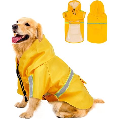 Dog Onesie - Large Dog Hoodie - Pet Hooded Raincoat - Large Dog Raincoat - Pet Raincoat - Dog Poncho - Dog Raincoat - Reflective Poncho - Yellow - Size M (Weight 4-6 lbs) (1/4)