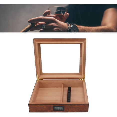 Hygromètre numérique marron, en bois de cèdre à grain vintage, design portable avec fenêtre transparente, cave à cigares. (1/5)