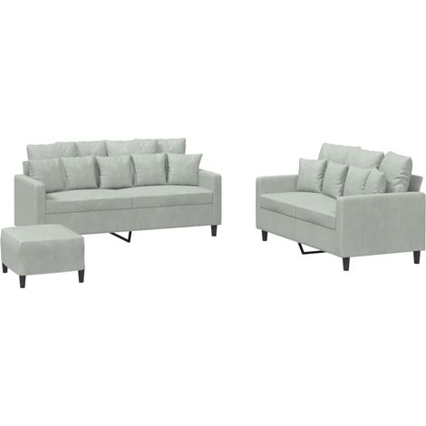 3-teiliges Sofaset mit Kissen in Hellgrau Samt