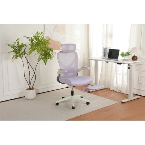 Chaise de Bureau Ergonomique Pliable - 62x48.5x129cm - Fauteuil Dossier Maille et Assise en Mousse avec Repose-Pieds - Violet (1/5)