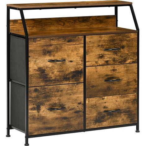 HOMCOM Bedroom Chest of Drawers with 5 Fabric Drawers, Open Shelf, Rustic Brown (1/5)