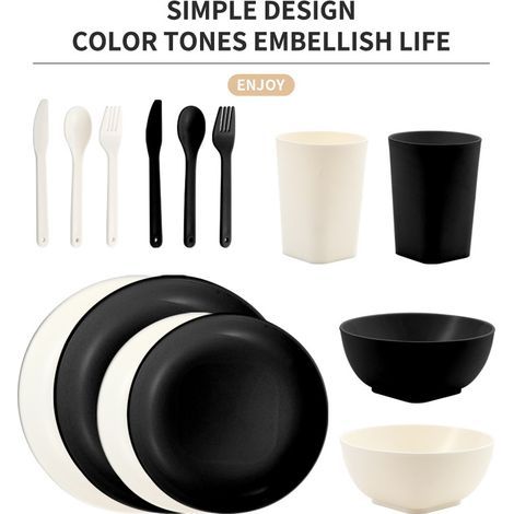 Service de table bicolore noir et blanc en paille de blé : Ensemble repas durable et incassable pour 2 personnes — Comprend assiettes, bols, tasses et couverts. (1/4)