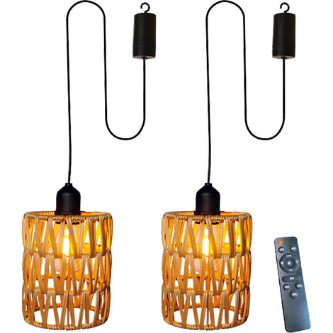 Lot de 2 lustres à intensité variable avec télécommande, lustres décoratifs en rotin avec ampoule, suspensions à piles (1/5)