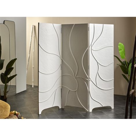 Paravent en bois blanc avec lignes ondulées en relief 180x182 cm. 180x4x182 cm (1/3)