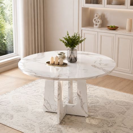 Runder Esstisch 120 cm aus MDF in weißer Marmoroptik, Höhe 76 cm OKMYHOME (1/5)
