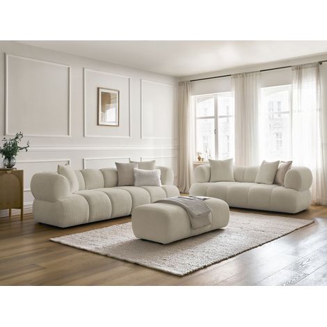 BOBOCHIC - Ensemble canapé droit fixe 3 + 2 places PAMIRA tissu bouclette avec pouf Beige (1/5)