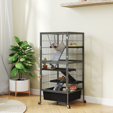 Cage à 4 niveaux pour petits animaux avec rampes, plateformes, hamac et roulettes, 52 x 52 x 115 cm, grise (1/5)