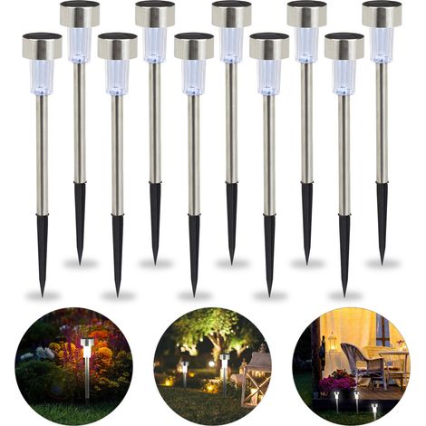 relaxdays Set da 10 Lampade Solari a LED, Impermeabili, per Giardino, Balcone, in Acciaio Inox, Luce Bianca Argento (1/6)