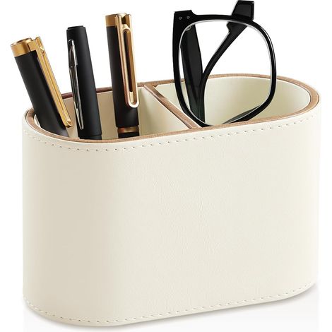 Stiftehalter aus PU-Leder, kleine Aufbewahrungsbox für Fernbedienungen, multifunktionaler Schreibtischorganizer, geeignet für Zuhause, Schule und Büro - Doppelfach (beige)
