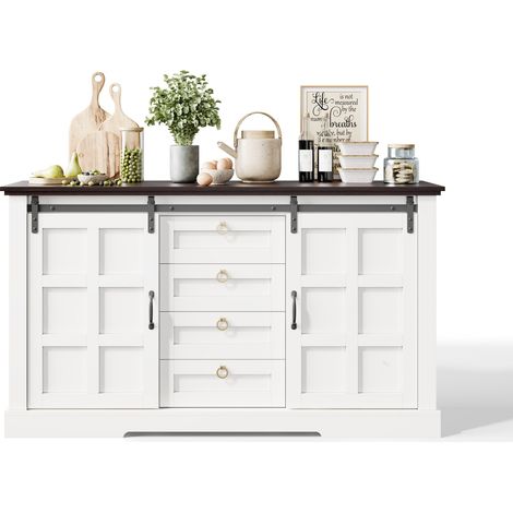 Buffet Sideboard 150 cm Style Campagne Vintage avec Portes Coulissantes et 4 Tiroirs, Meuble de Rangement Cuisine Salle à Manger, 150x40x85 cm (1/5)