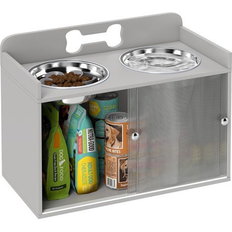 Station d'alimentation surélevée doté de 2 gamelles et placard, acier inoxydable, motif os, MDF, ton gris