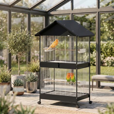 Volière pour grands oiseaux, cage à oiseaux XXL avec cloison amovible, 2 portes, 2 perchoirs en bois, roulettes, 2 écuelles et 4 distributeurs de nourriture (1/5)