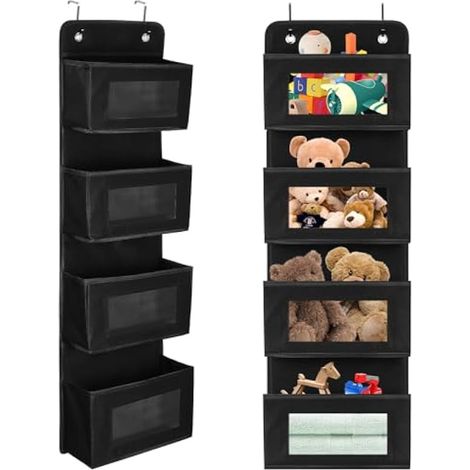 Organiseur de porte avec 4 poches et 2 crochets, poches verticales pour ranger jouets, couches, serviettes (Noir) (1/5)