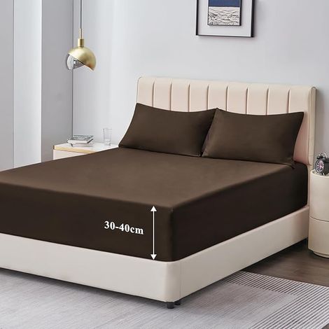 Fitted Sheet 160 x 200 cm Large 40 cm Microfibre Mattress Elastic All Around Braun (1/5)