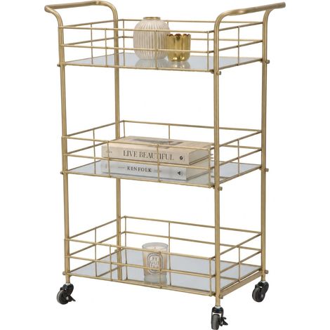 Carrito Arviat, 3 Estantes, Ruedas, Estructura Tono Ahumado, 60x31x80h cm Dorado