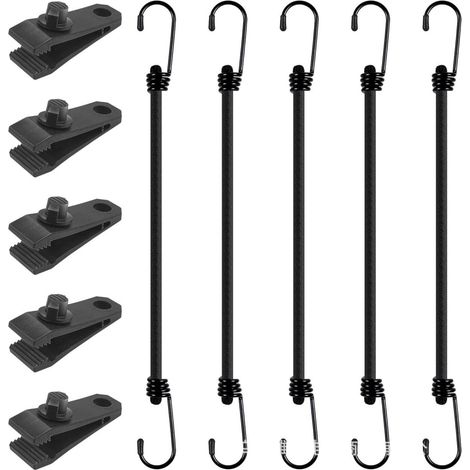Cuerda Elástica Con Gancho - Cuerda Bungee UV Resistente Y Impermeable - Para Camping Tiendas Y Velas - 30 Cm - Set De 5 Unidades Con 5 Abrazaderas (1/5)