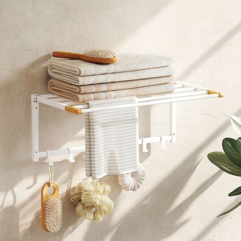 Porte-serviettes mural pliable à 5 barres et 6 crochets en bois et acier. 60 x 32,5 x 20 cm. Blanc.