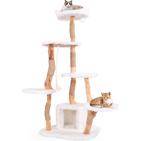 Arbre à chat moderne en bois massif 68 x 58 x 168 cm avec condo et 6 niveaux en naturel blanc