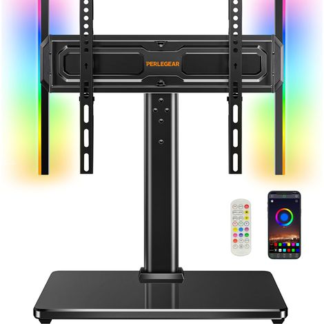 support TV sur pied universel avec lumières LED, support TV pour téléviseurs 24–60″ jusqu‘à 45 kg, pied TV réglable en hauteur et pivotant, base en verre trempé, VESA max 400x400 mm,PGTVS49B (1/5)