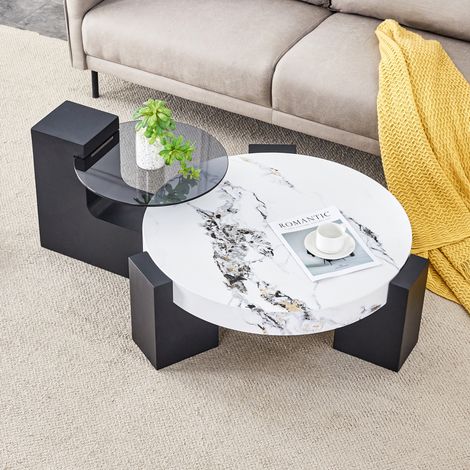 Set di 2 tavolini rotondi sovrapponibili, MDF e vetro, effetto marmo bianco e nero DESVIAE (1/5)