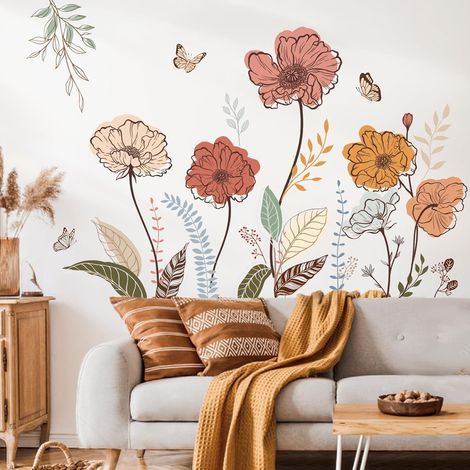 Boho-Gartenblumen-Wandtattoos, florale Aquarell-Graspflanzen-Wandaufkleber für Schlafzimmer, Wohnzimmer, TV-Wand (1/4)
