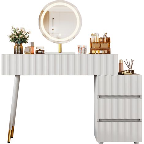Schminktisch mit LED-Spiegel und Beleuchtung, Weiß, 5 geräumige Schubladen, modernes Schminktisch-Set für das Schlafzimmer, B100 x H127 x T40 cm, ohne Hocker