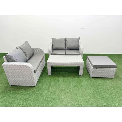 Fimous 5 Seater Outdoor Love Sofa Set Rattan Garden Furniture Set with Oblong Coffee Table Big Footstool Light Grey (1/4)