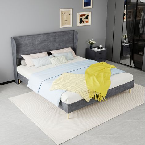 Cama moderna tapizada 160x200 cm, estructura de metal y tela gris, con cabecero suave (1/5)