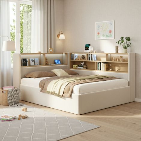 Lit banquette rembourré 140x190 cm en velours beige avec sommier à lattes inclus, sans matelas, rangement hydraulique, LED, USB Type-C et dossier (1/5)