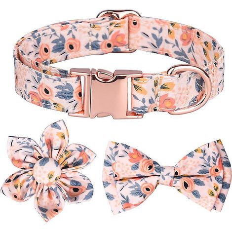 Filiyano-Collier pour chien avec nœud papillon amovible et motif floral gravé, boucle en or rose