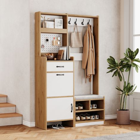Mobile ingresso con scarpiera, panca, 1 cassetto, 1 ribalta, 108,5 x 35 x 180 cm HAVRYA (1/5)