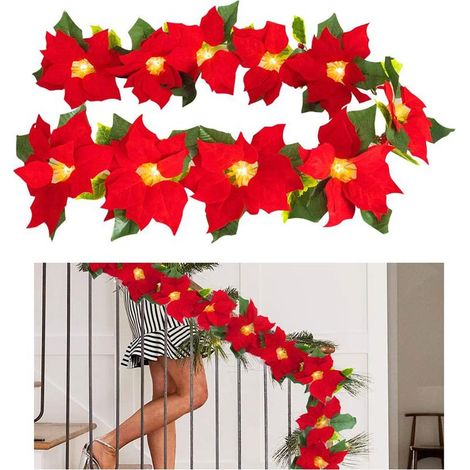 Guirlande lumineuse de poinsettias de Noël, 10 LED, fleurs artificielles, décoration pour sapin de Noël, intérieur et extérieur, pour fêtes. (1/5)