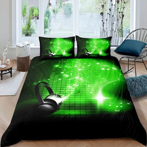 Mélodie Musique Parure de Lit 140x200cm Casque Note de Musique Clef Personnel Housse de Couette 3D Stéréo Musique Ensembles de Housse de Couette Rock Musique Vert Chambre Décor - 140 x 200 cm (1/5)