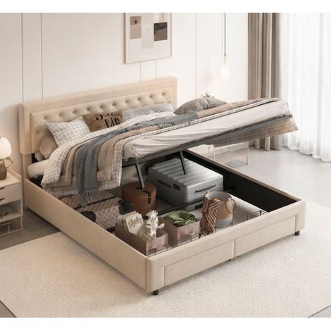 Lit coffre 160x200,lit 160x200 avec sommier à lattes,2 tiroirs,lit double capitonné,lit adulte,lit 2 personnes,tissu en velours,Beige (1/5)