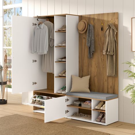 Ensemble dressing entrée avec miroir, porte-manteau, banc chaussures et rangement blanc, meuble complet moderne (1/5)