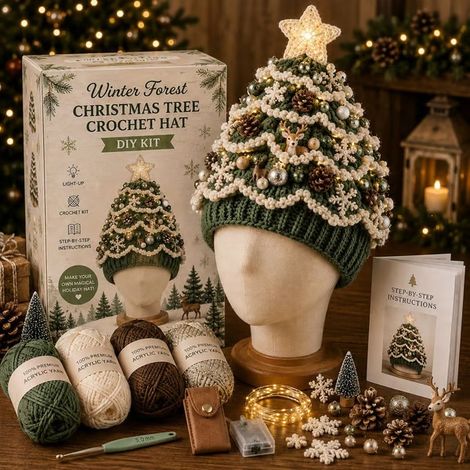 Bonnet de Noël lumineux au crochet, idéal pour les débutants -- Forêt d'hiver --