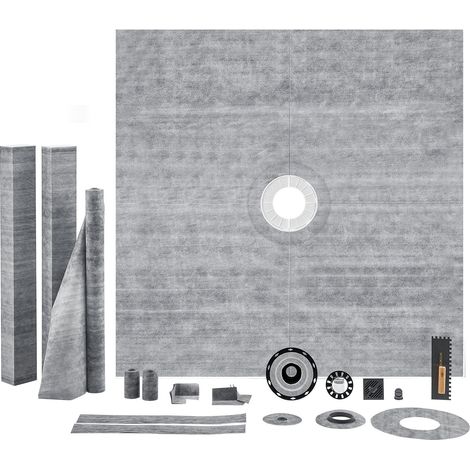 Ensemble de bordure de douche, 1828 x 1828 mm, receveur de douche bride centrale en PVC, grille en acier inoxydable de 101,6 mm, membrane et bande imperméables, bâtons de pente de bac à douche (1/5)