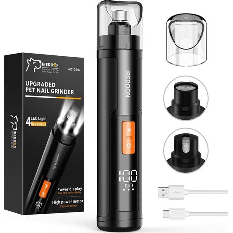 Lime à Ongles Chien, 3 Vitesses avec 4 lumières LED pour Animaux Silencieux, avec Capuchon Anti-Poussière, Coupe-Ongles électrique, Rechargeable, Convient aux Chats et Aux Chiens(Noir) (1/5)