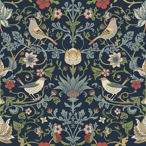 Papier Peint Fleuri Vintage Bleu Marine William Morris Papier Peint Adhesif Mural Floral Feuillage Oiseaux Rouleau Adhésif D[BI176] (1/5)