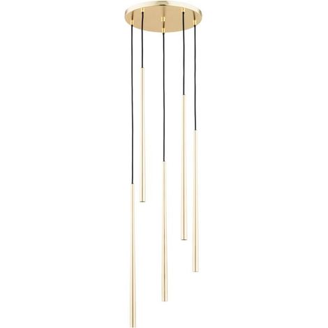 Alfa CARMEN Gold/Brass Round Pendant Ceiling Light, 5-Light Metal Tubular Shades, G9 Bulbs Max 10W, 30cm Canopy, 120cm Drop, Modern Chandelier for Dining Room