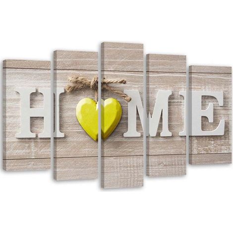 Stampa su tela 5 parti, Iscrizione a casa con un cuore giallo su tavole chiare - 100x70 (1/4)
