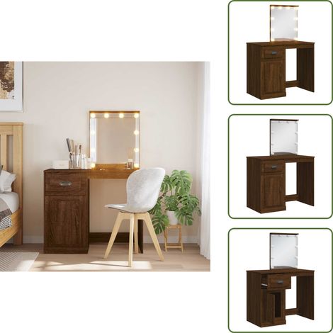 The Living Store Coiffeuse avec lumières LED chêne marron 90x42x132,5 cm - Coiffeuse - Meuble De Salle De Bain - Table De Maquillage - Miroir Avec Éclairage Led - Rangements
