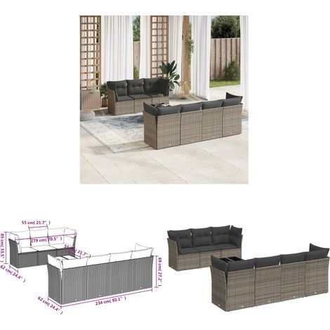 8-tlg. Garten-Sofagarnitur mit Kissen Grau Poly Rattan - Gartenmöbel Set - PE-Rattan Möbel - Outdoor Sofa - Esstisch - Lounge Set - Home & Living (1/3)