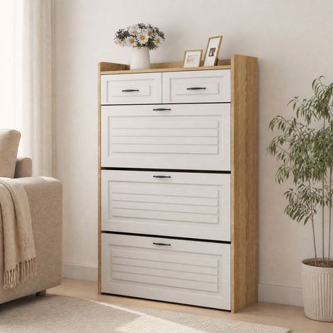 Scarpiera salvaspazio con 3 ante a ribalta e 2 cassetti, 80x23,5x131 cm, bianco e naturale HAVRYA (1/5)
