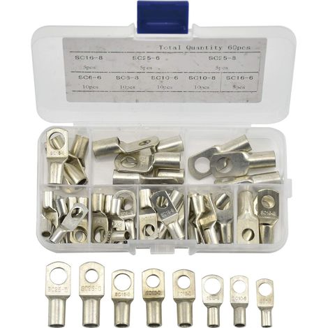 Cosses à sertir(lot de 60), cosses pour câbles électriques, en cuivre étamé, avec trou de boulon, connecteurs à sertir/souder pour câbles de 6 m, 8 m, 10 m, 16 m et 25 m.