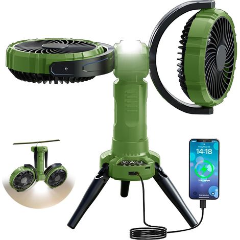 Ventilateur de camping rechargeable avec lumière, ventilateur de tente oscillant à 270° pour les voyages, la pêche et le camping en plein air (vert). (1/5)