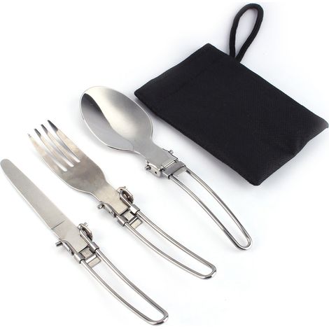 Ensemble de couverts pliables portables en acier inoxydable pour le camping et les pique-niques : couteau, fourchette, cuillère et étui. (1/5)