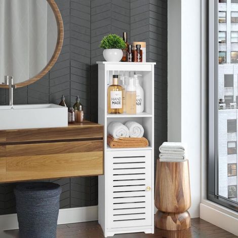 Armoire de rangement multifonctionnelle blanche pour salle de bain avec 1 porte et 3 étagères, meuble de rangement autoportant, 20 x 25 x 80 cm (1/5)